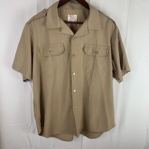Vintage Finesilver Prest 2 Stay Shirt Tan Epaulets Poly‎ Blend Short Sleeve XL